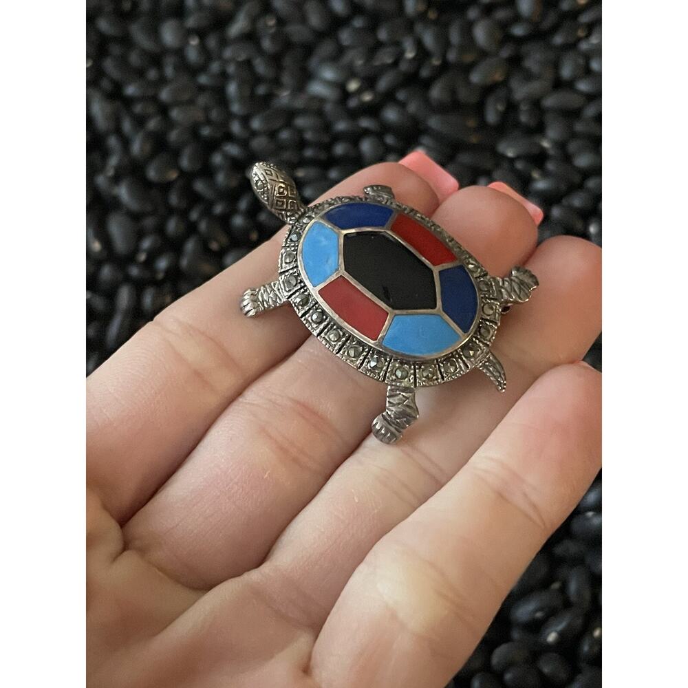 Sterling Silver Marcasite Enamel Turtle Tortuga Tortoise Brooch Pin 🐢Red Blue - Picture 1 of 10